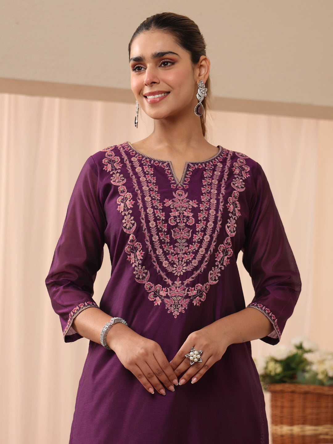 Burgundy Floral Embroidered Chanderi Silk Straight Suit Set