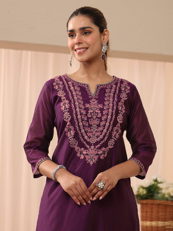 Burgundy Floral Embroidered Chanderi Silk Straight Suit Set