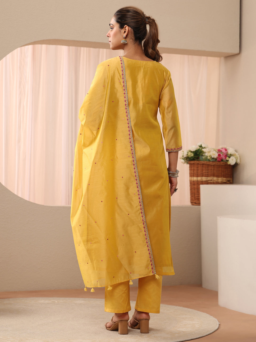 Yellow Floral Embroidered Chanderi Silk Straight Suit Set