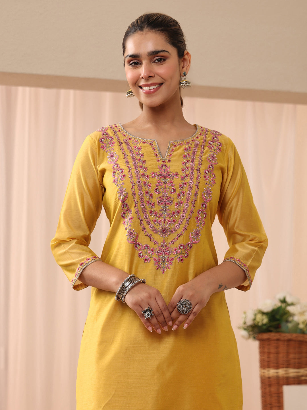 Yellow Floral Embroidered Chanderi Silk Straight Suit Set