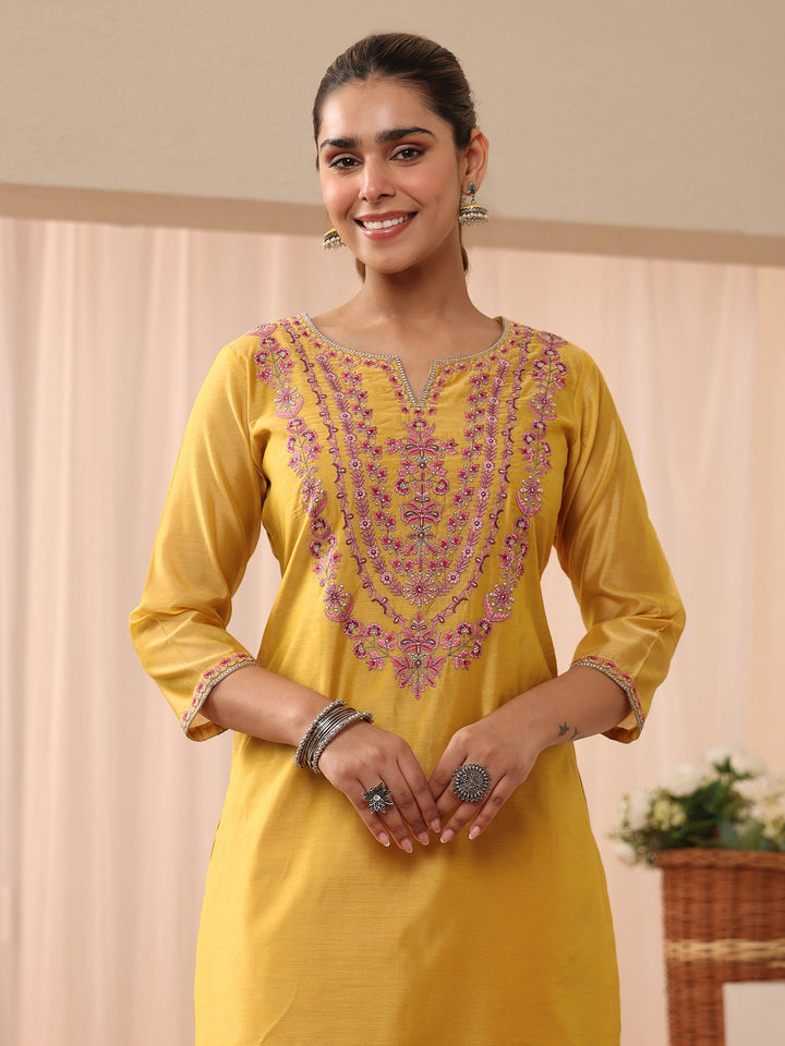 Yellow Floral Embroidered Chanderi Silk Straight Suit Set