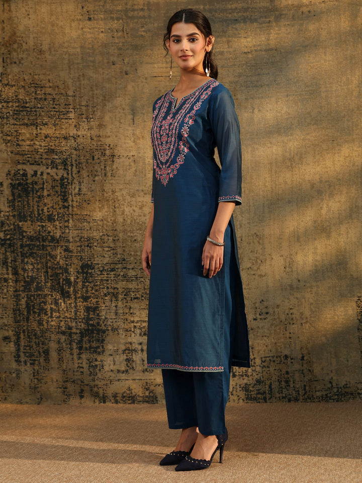 Libas Blue Floral Embroidered Yoke Design Chanderi Silk Straight Suit Set