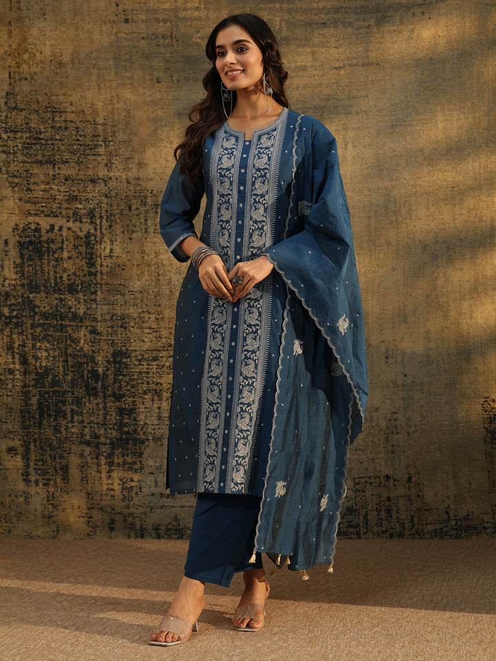 Libas Teal Blue Paisley Embroidered Chanderi Silk Straight Suit Set