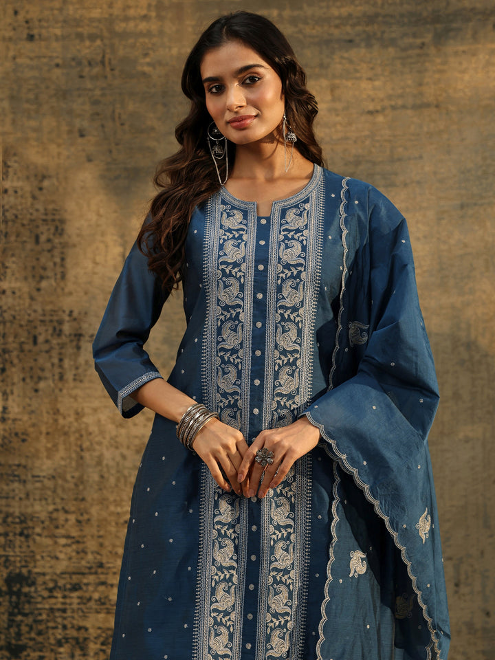 Libas Teal Blue Paisley Embroidered Chanderi Silk Straight Suit Set