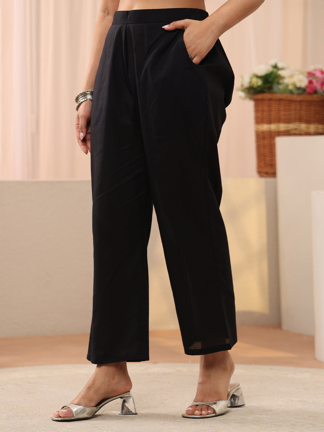 Black Floral Embroidered Chanderi Silk Straight Suit Set