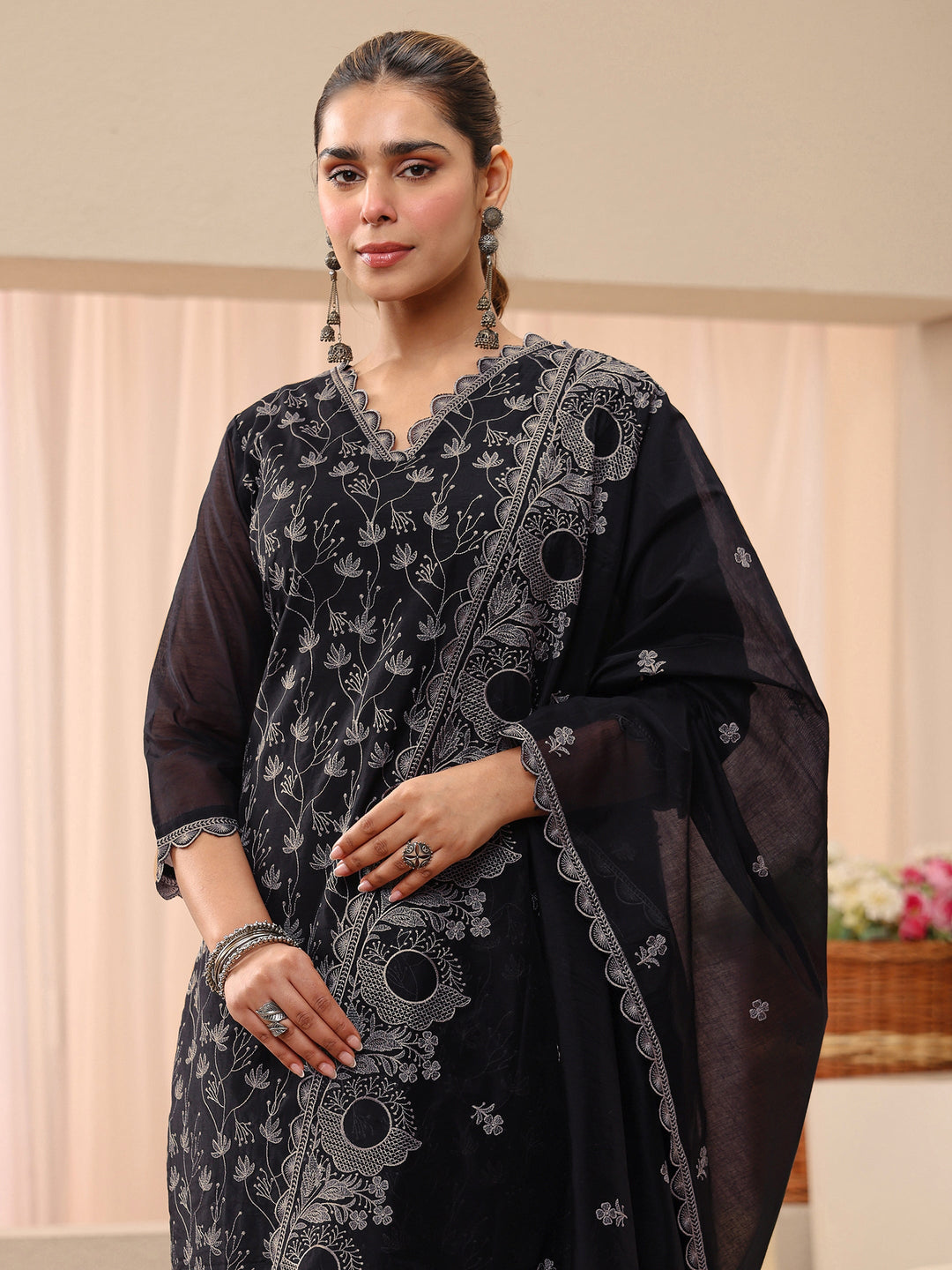Black Floral Embroidered Chanderi Silk Straight Suit Set