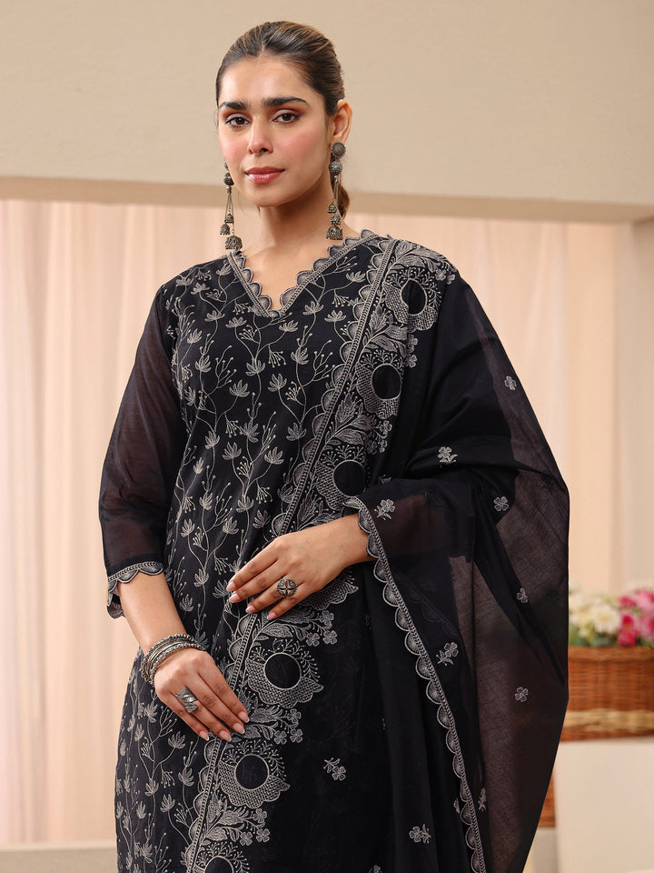 Black Floral Embroidered Chanderi Silk Straight Suit Set