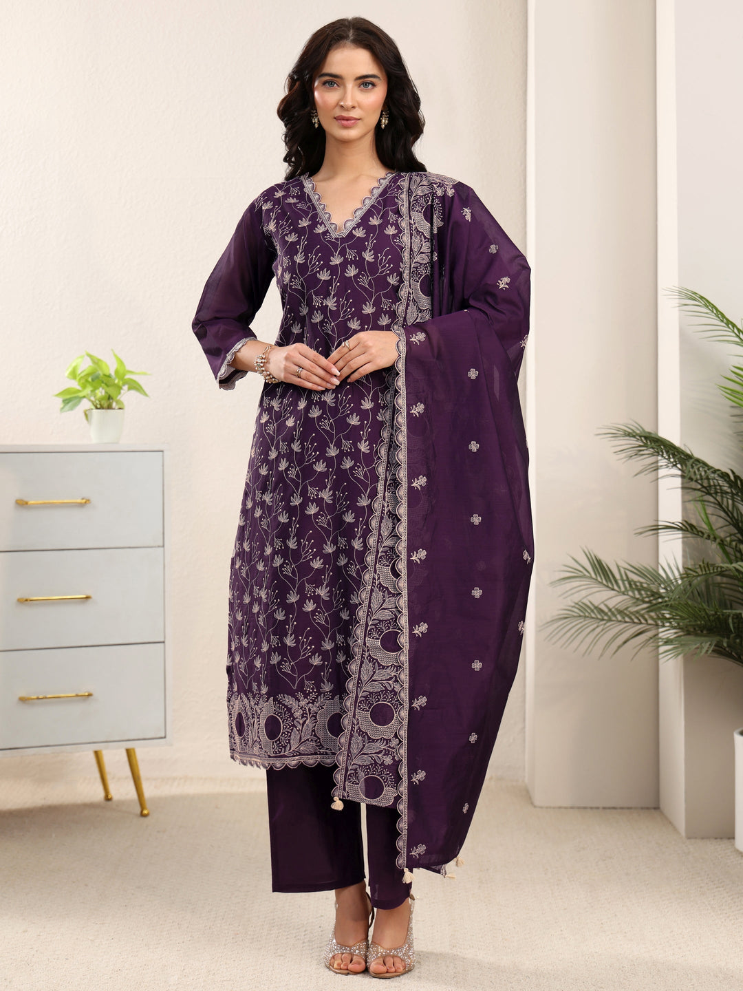 Libas Aubergine Purple Embroidered Chanderi Silk Straight Suit Set