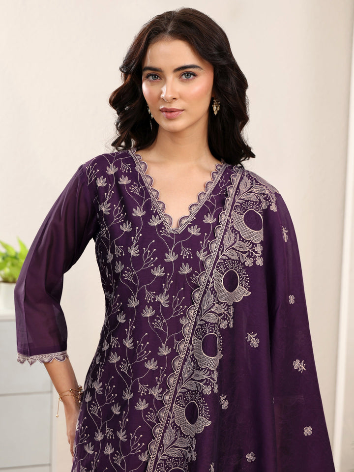 Libas Aubergine Purple Embroidered Chanderi Silk Straight Suit Set