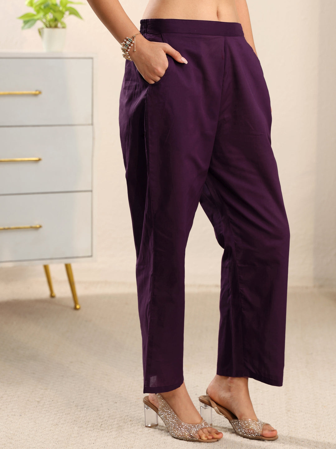 Libas Aubergine Purple Embroidered Chanderi Silk Straight Suit Set
