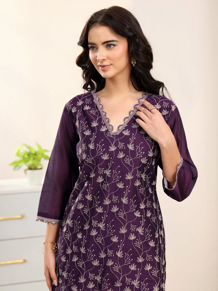 Libas Aubergine Purple Embroidered Chanderi Silk Straight Suit Set
