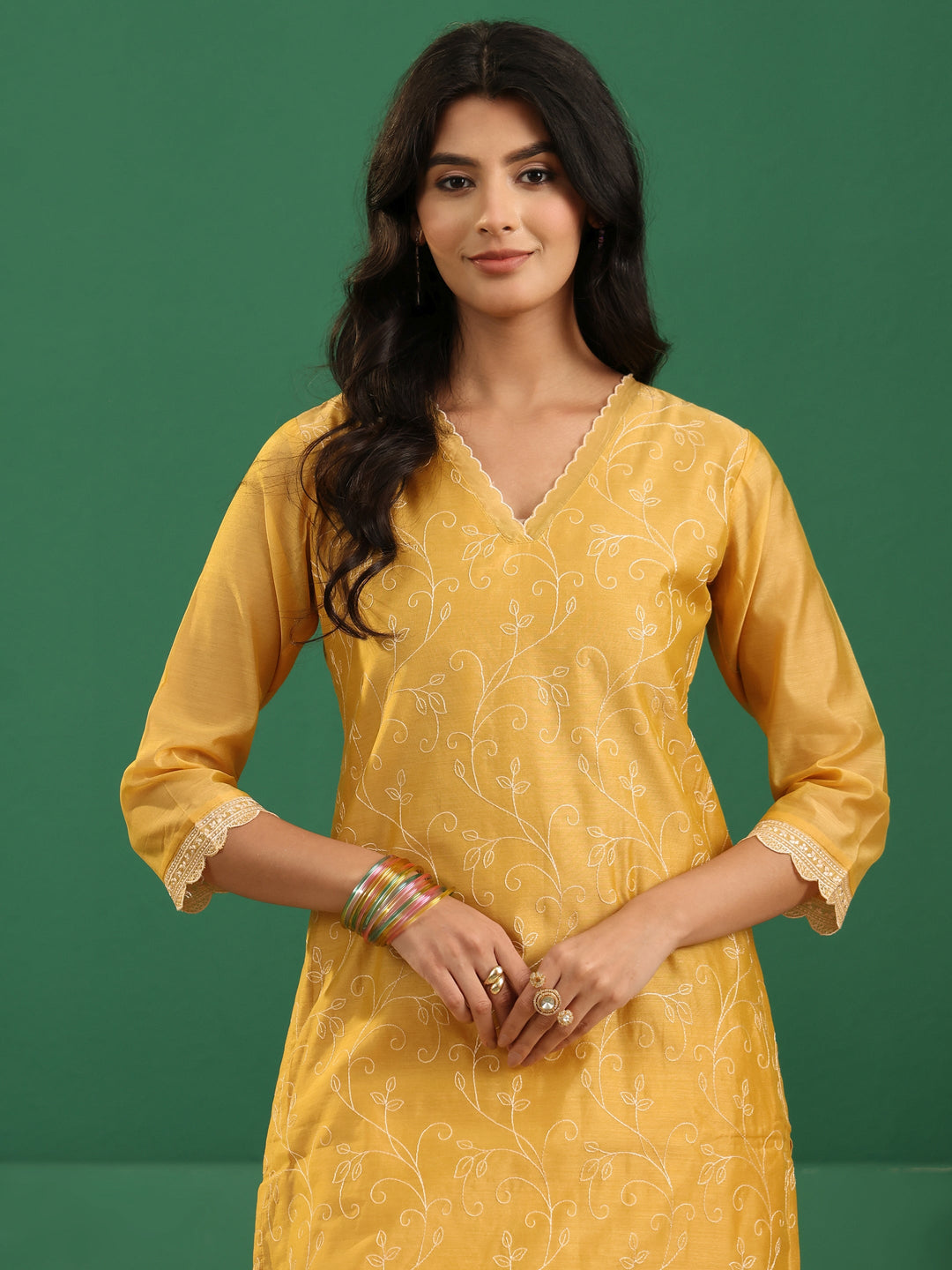 Libas Yellow Floral Embroidered Chanderi Silk Straight Suit Set