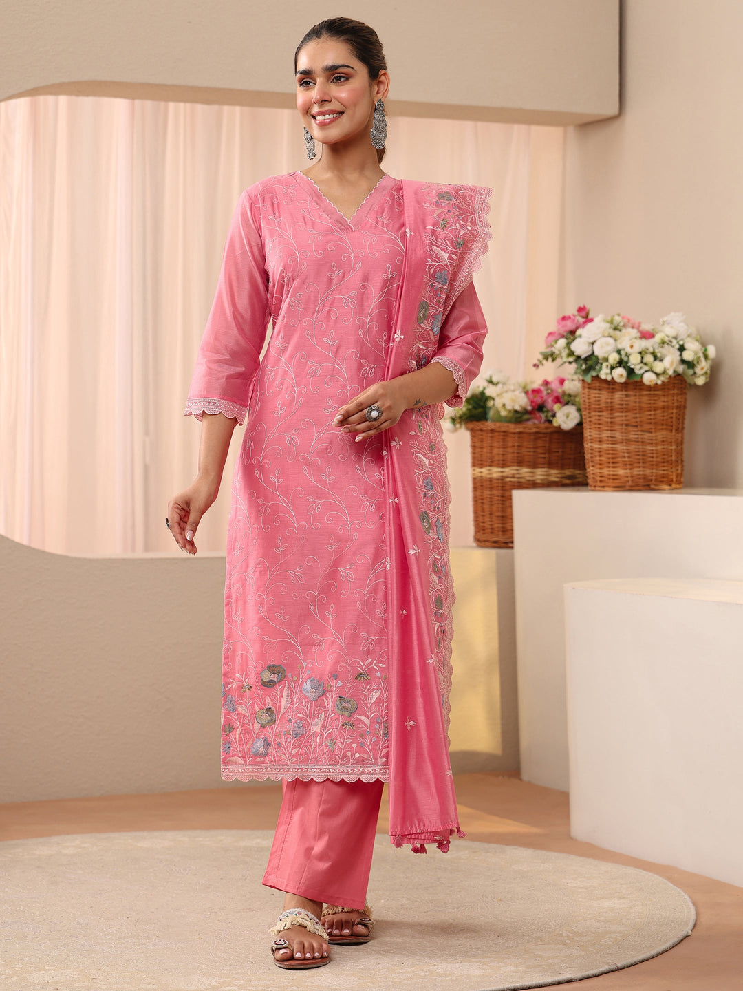 Pink Floral Embroidered Chanderi Silk Straight Suit Set