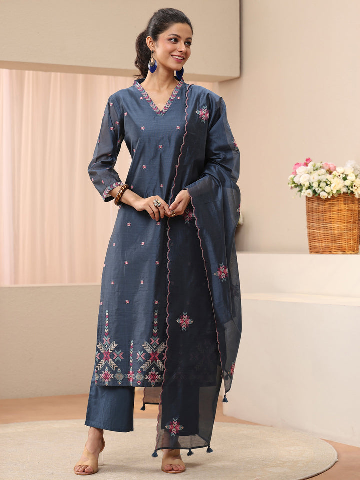 Blue Embroidered Chanderi Silk Straight Suit Set