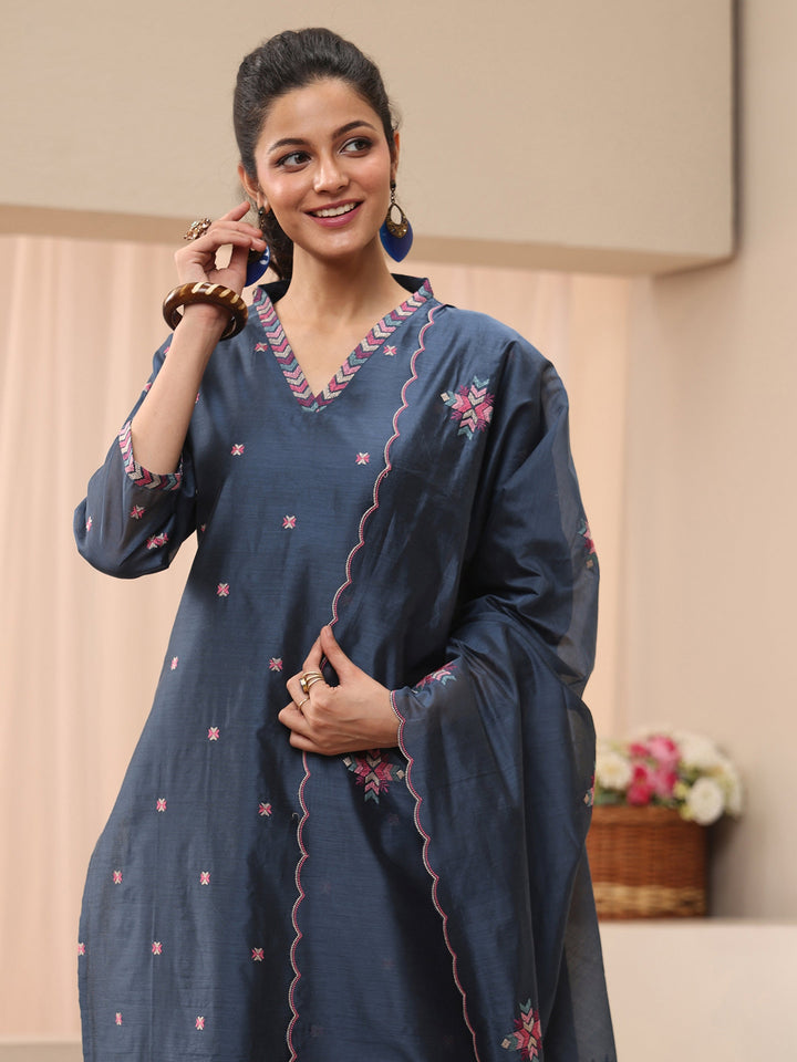 Blue Embroidered Chanderi Silk Straight Suit Set