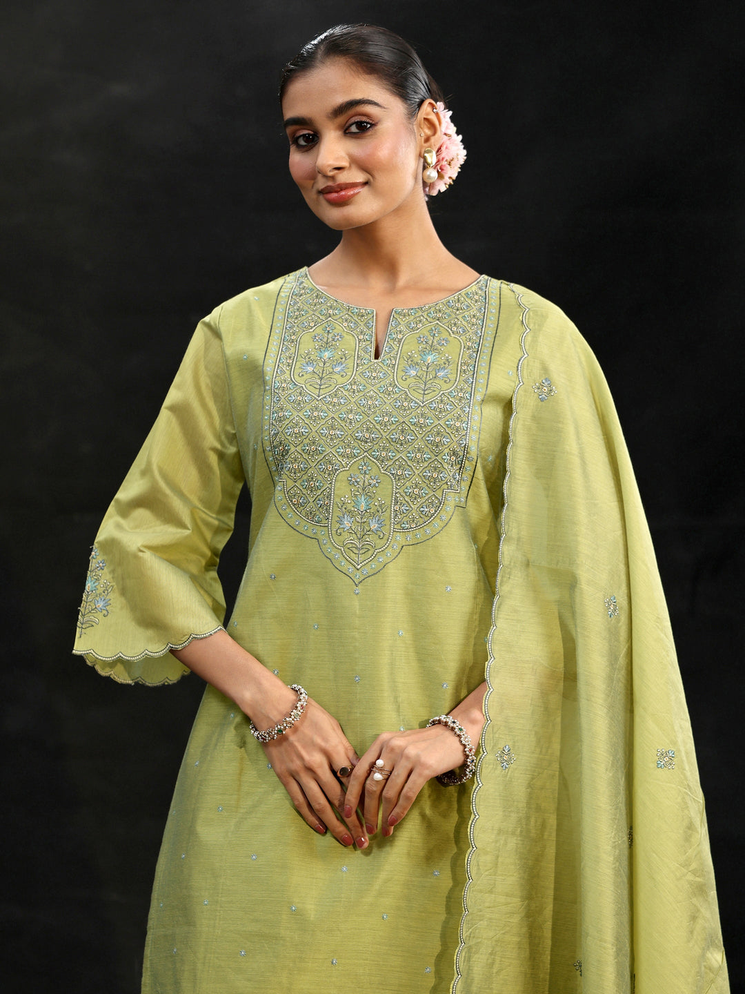 Libas Pista Green Yoke Embroidered Chanderi Silk Straight Suit Set