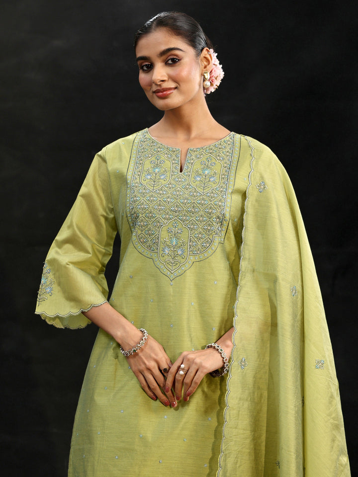 Libas Pista Green Yoke Embroidered Chanderi Silk Straight Suit Set