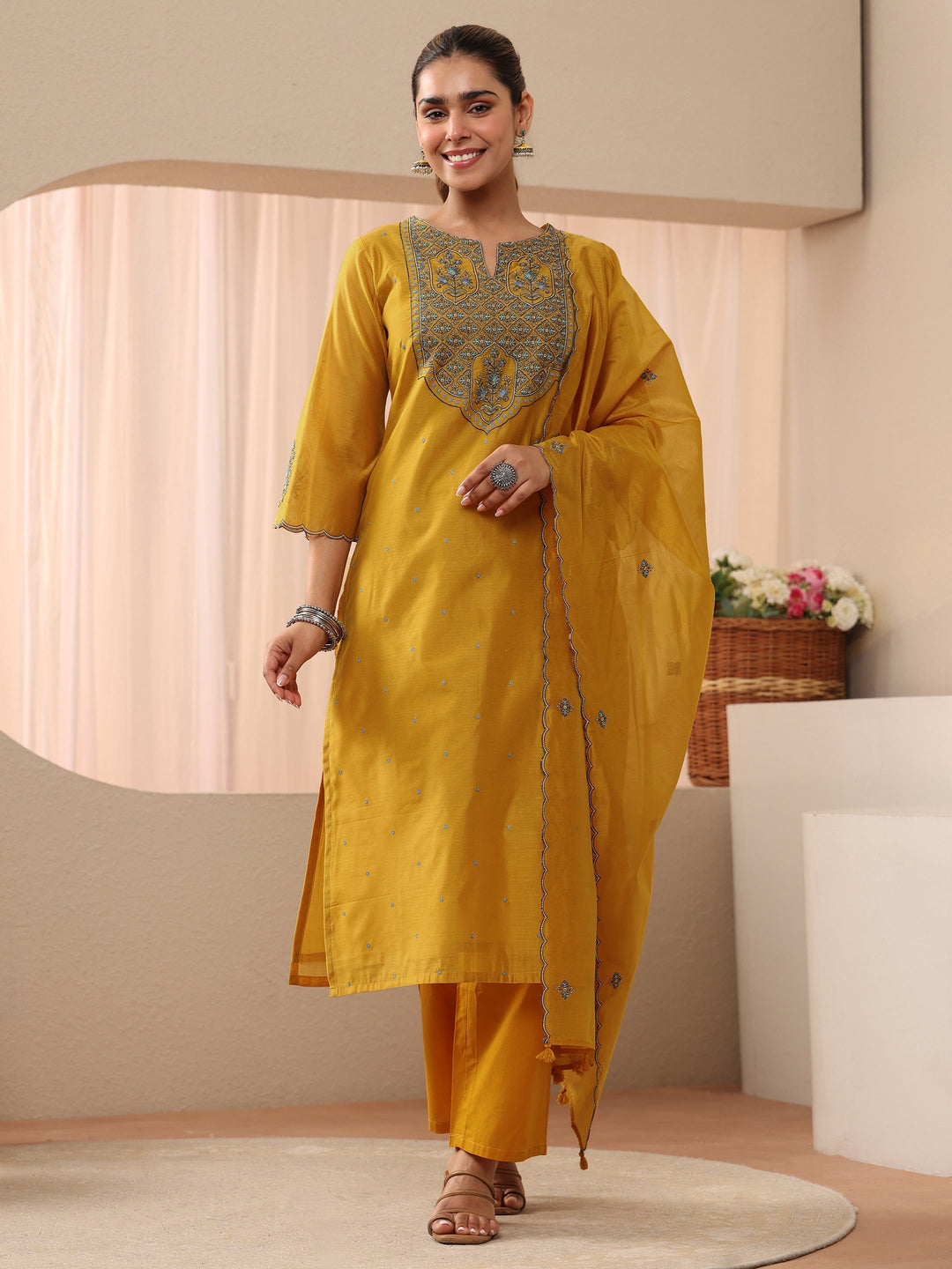Yellow Floral Embroidered Chanderi Silk Straight Suit Set