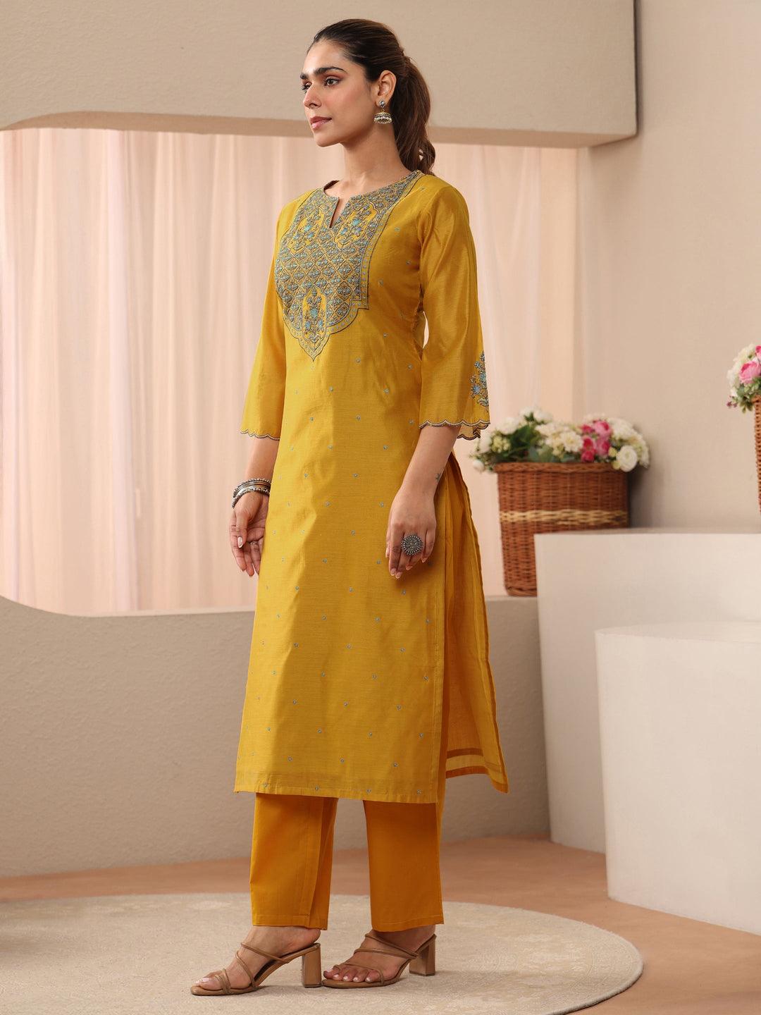 Yellow Floral Embroidered Chanderi Silk Straight Suit Set