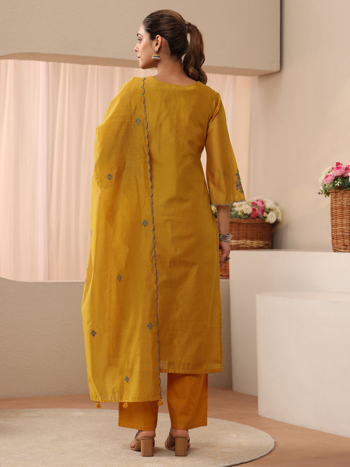 Yellow Floral Embroidered Chanderi Silk Straight Suit Set