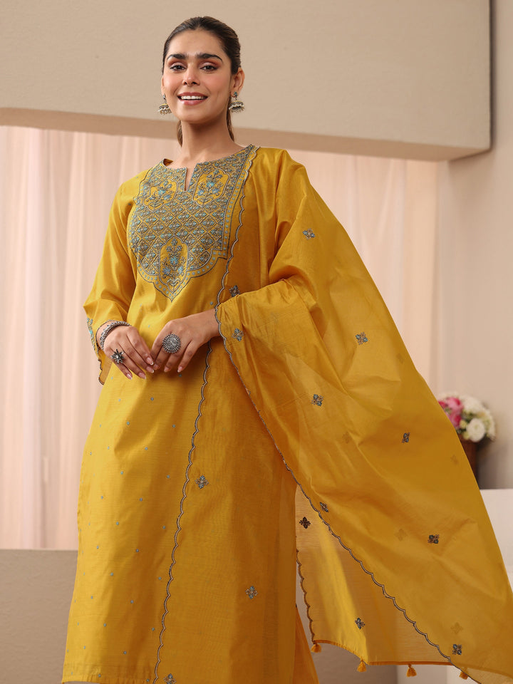 Yellow Floral Embroidered Chanderi Silk Straight Suit Set