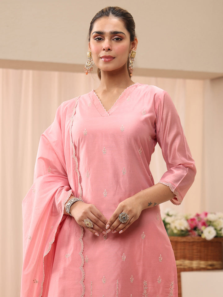 Pink Ethnic Embroidered Chanderi Silk Straight Suit Set