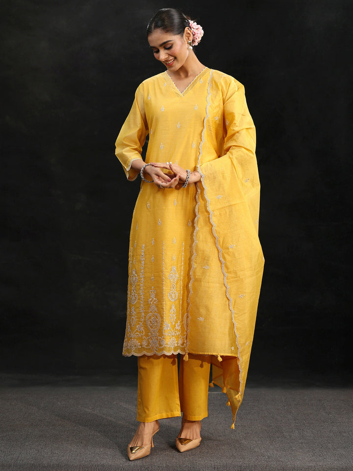 Libas Sunshine Yellow Embroidered Chanderi Silk Straight Suit Set