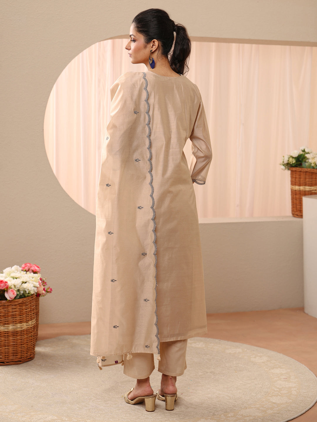 Beige Ethnic Embroidered Chanderi Silk Straight Suit Set