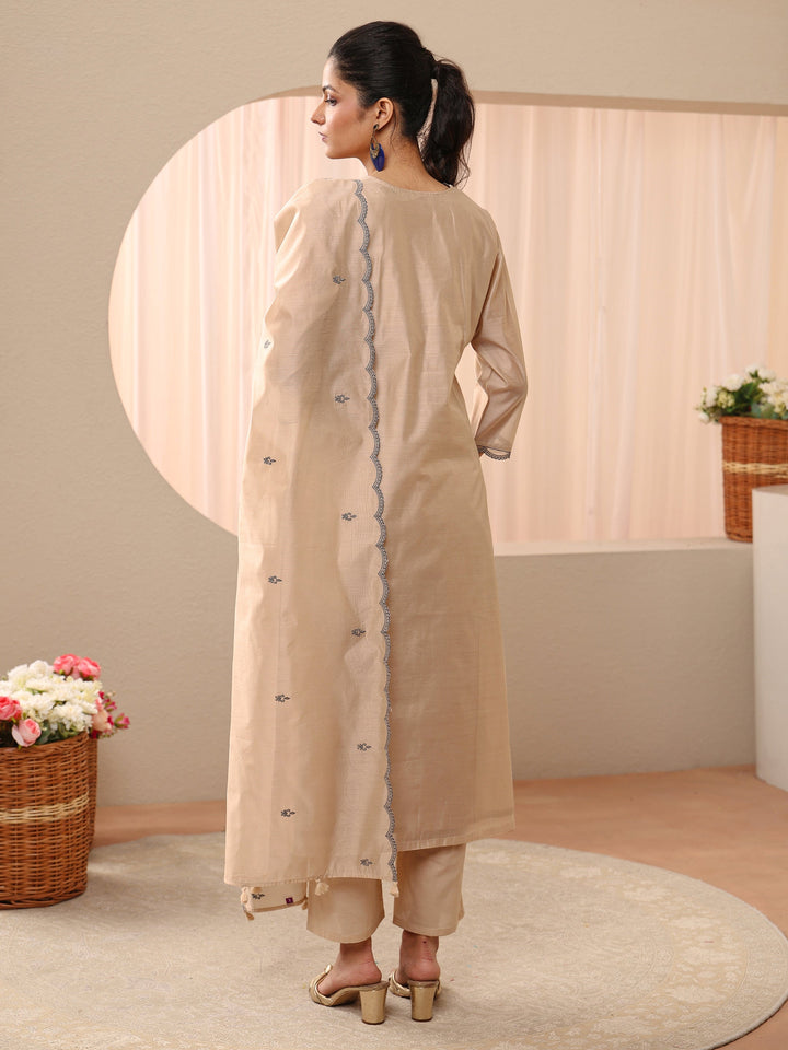 Beige Ethnic Embroidered Chanderi Silk Straight Suit Set