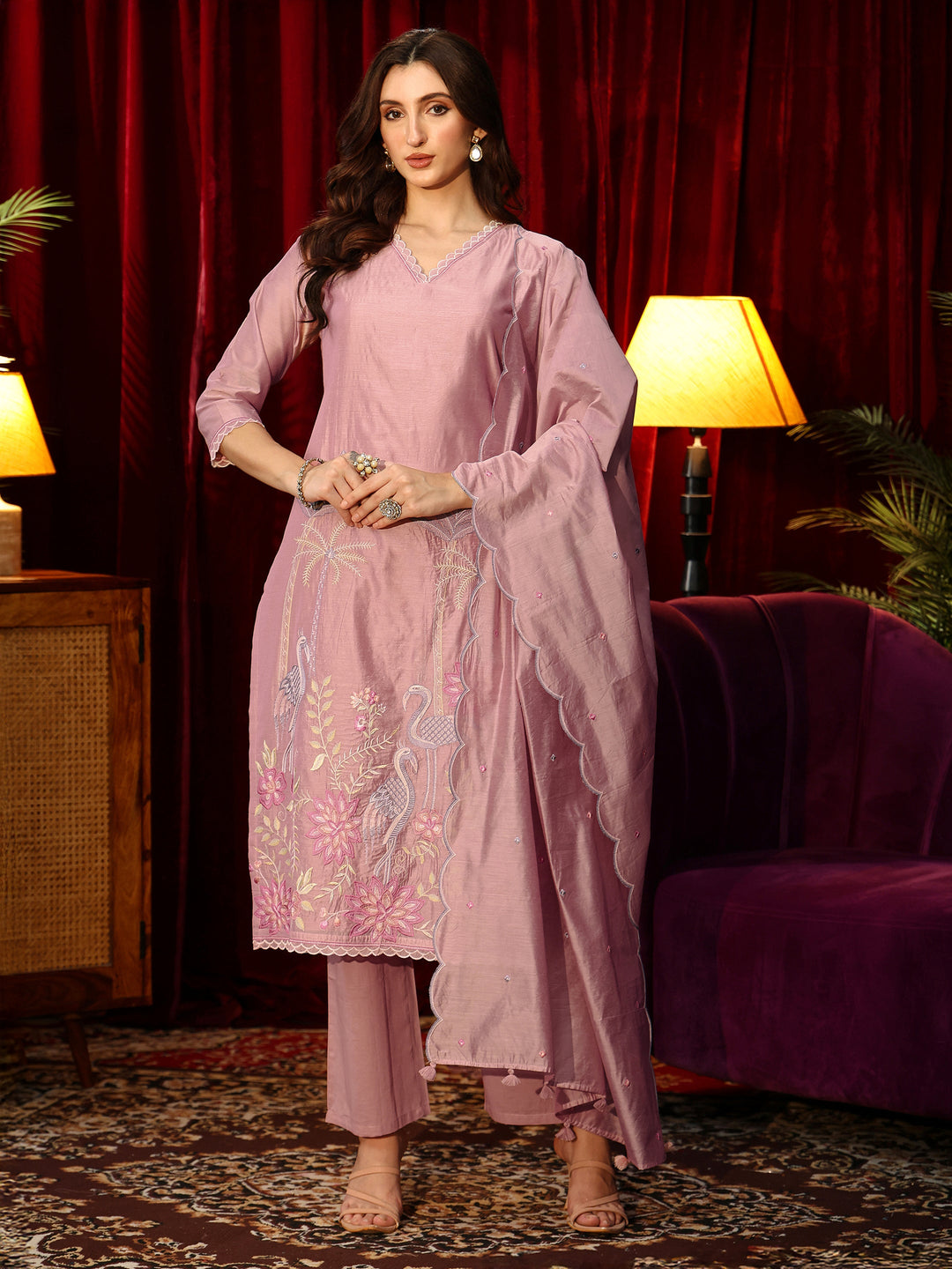 Libas Dusty Pink Floral Embroidered Chanderi Silk Straight Suit Set