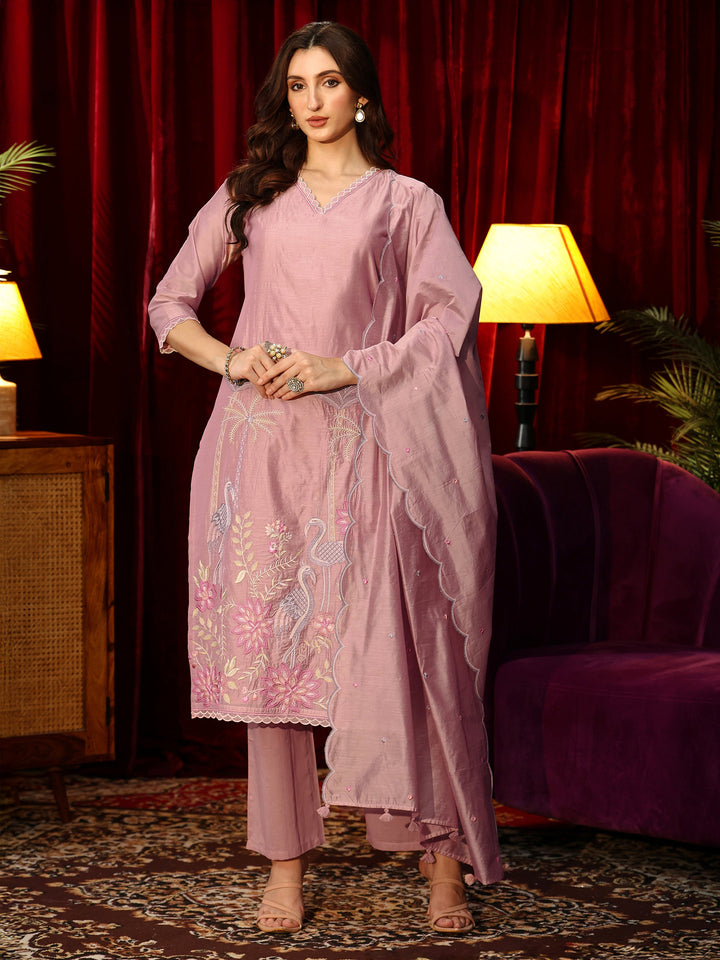 Libas Dusty Pink Floral Embroidered Chanderi Silk Straight Suit Set