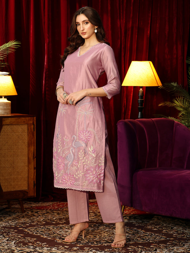 Libas Dusty Pink Floral Embroidered Chanderi Silk Straight Suit Set
