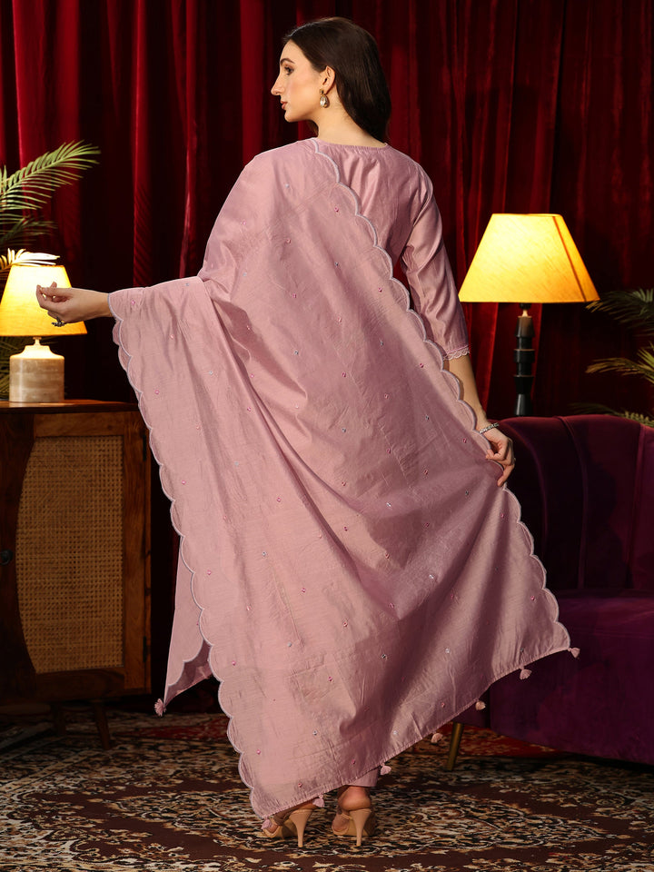 Libas Dusty Pink Floral Embroidered Chanderi Silk Straight Suit Set