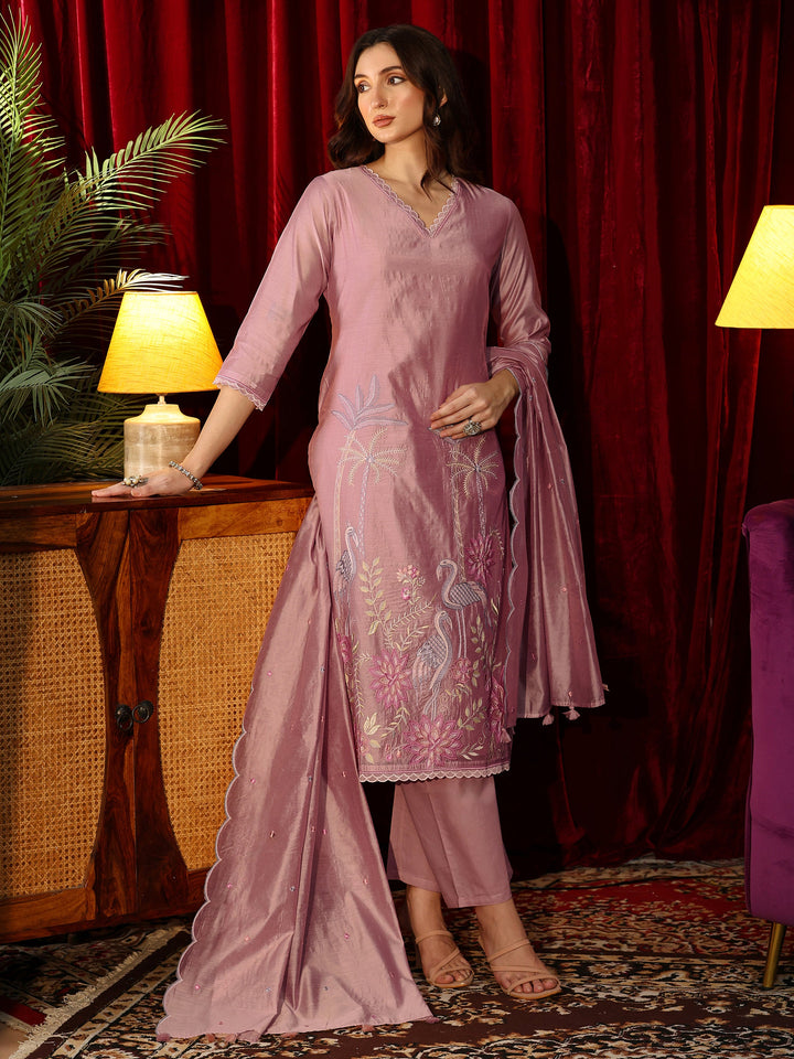 Libas Dusty Pink Floral Embroidered Chanderi Silk Straight Suit Set