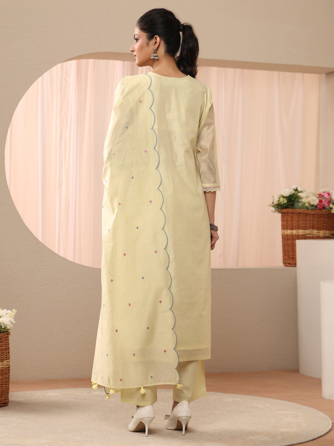 Yellow Floral Embroidered Chanderi Silk Straight Suit Set