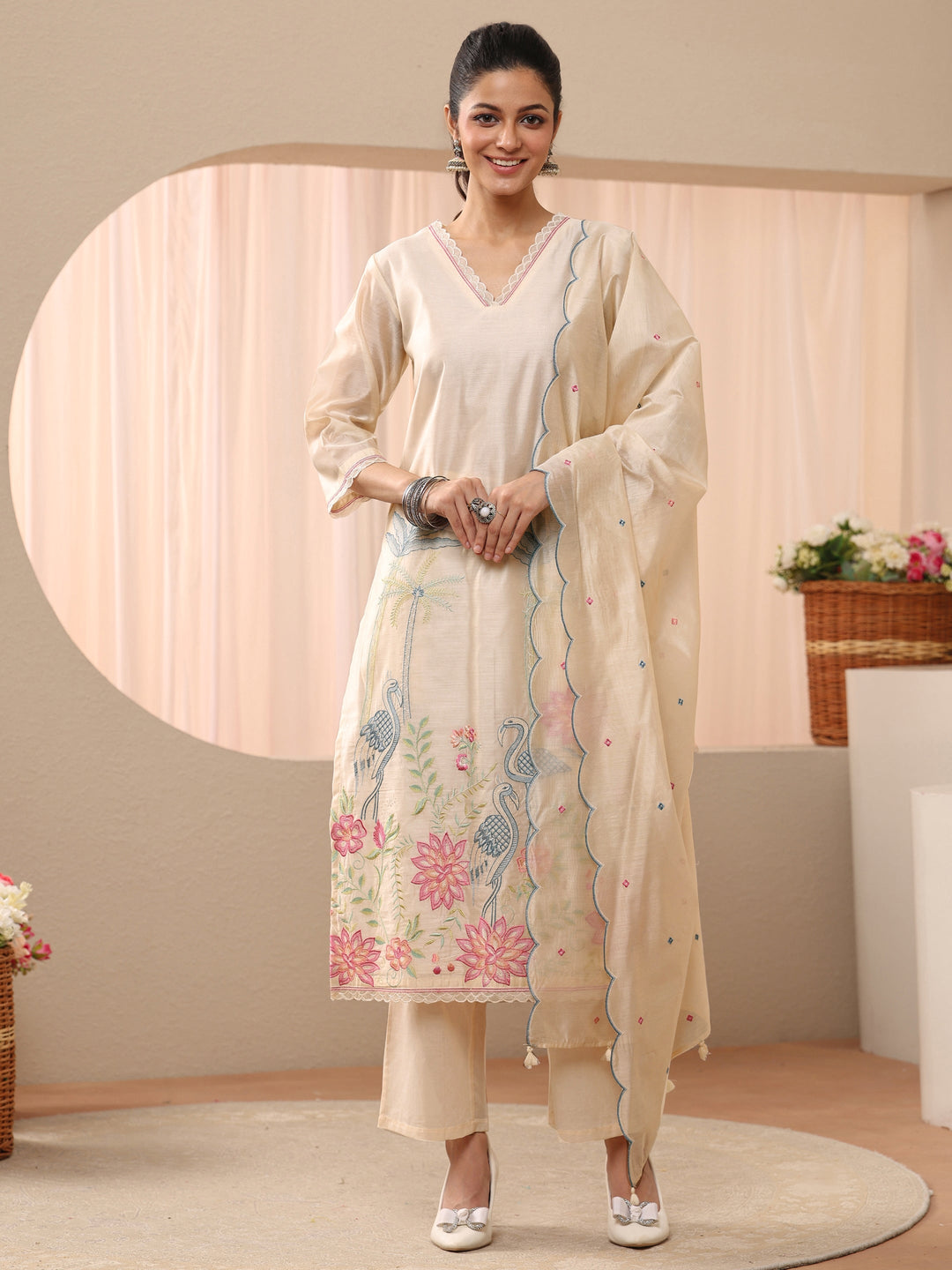 Off White Floral Embroidered Chanderi Silk Straight Suit Set
