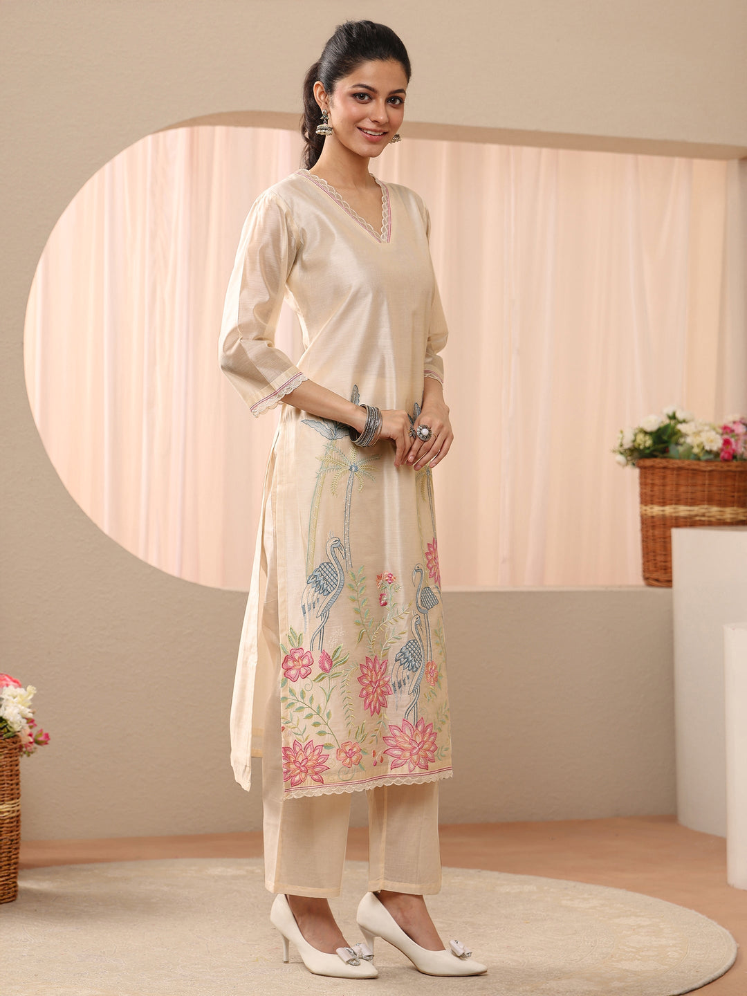 Off White Floral Embroidered Chanderi Silk Straight Suit Set