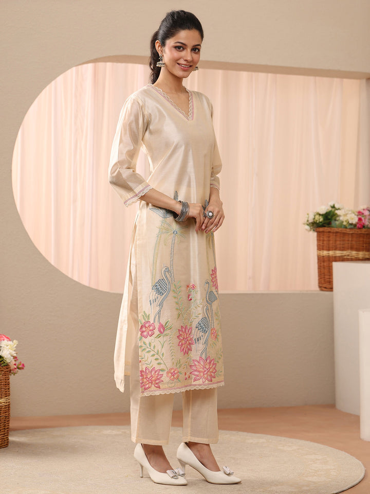 Off White Floral Embroidered Chanderi Silk Straight Suit Set