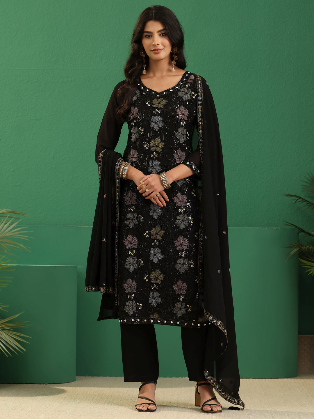 Libas Art Black Floral Embellished Georgette Straight Suit Set