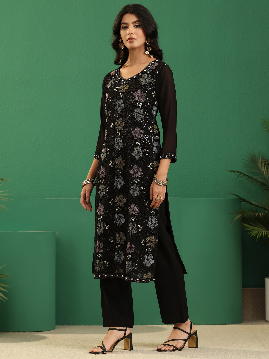 Libas Art Black Floral Embellished Georgette Straight Suit Set