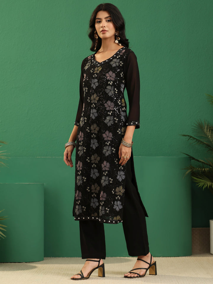 Libas Art Black Floral Embellished Georgette Straight Suit Set