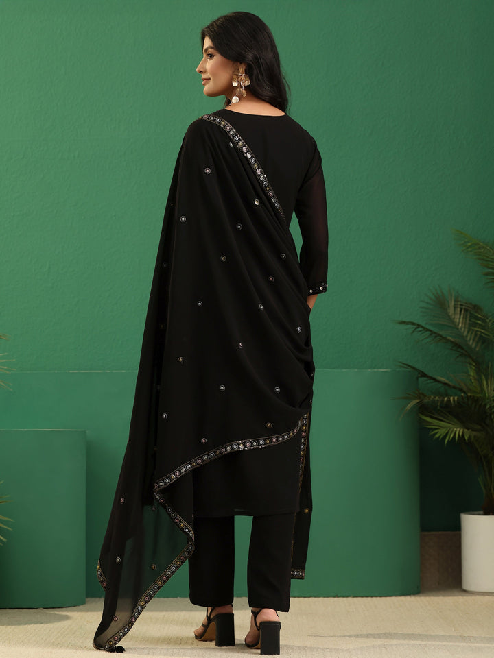 Libas Art Black Floral Embellished Georgette Straight Suit Set
