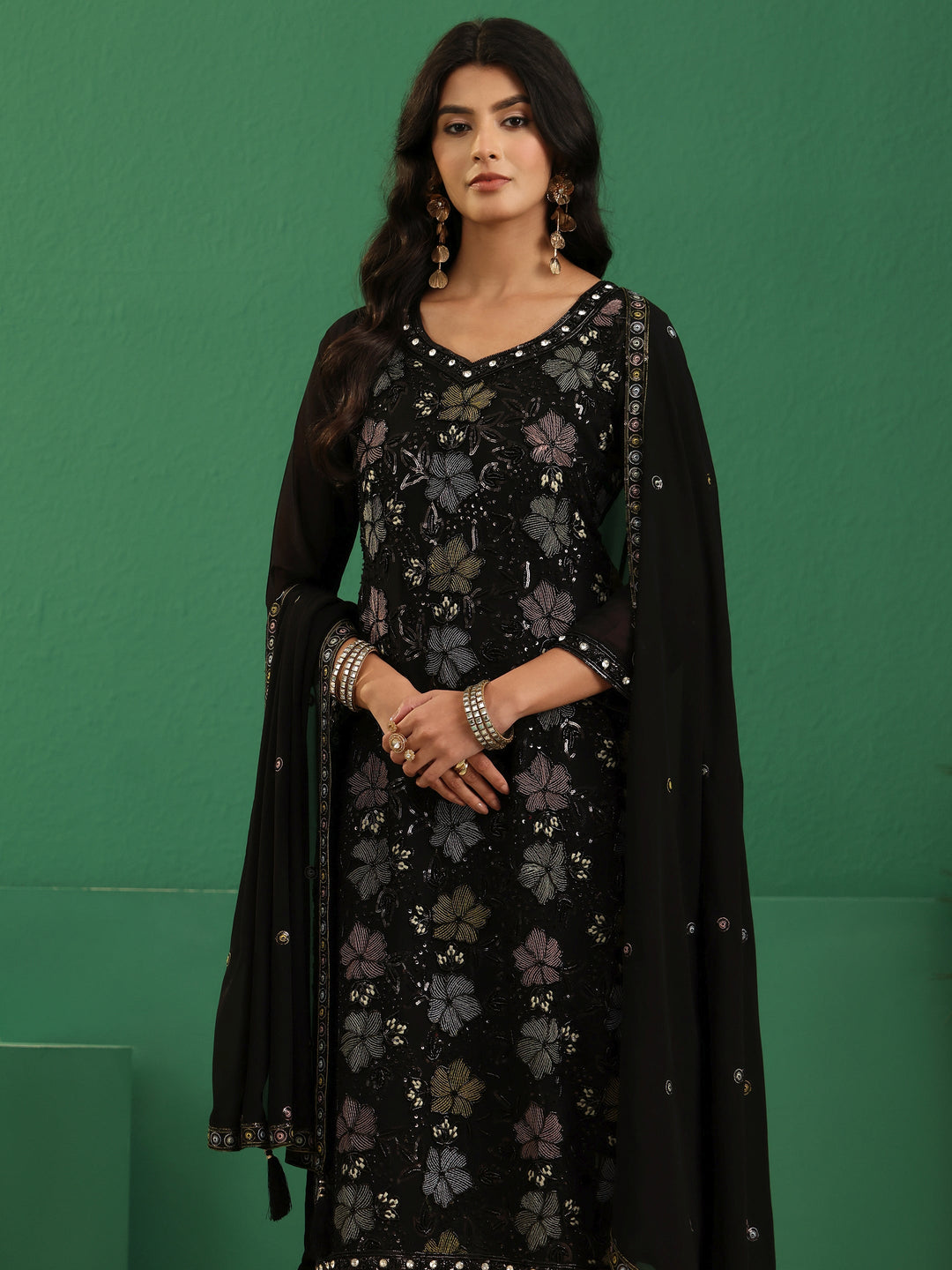 Libas Art Black Floral Embellished Georgette Straight Suit Set