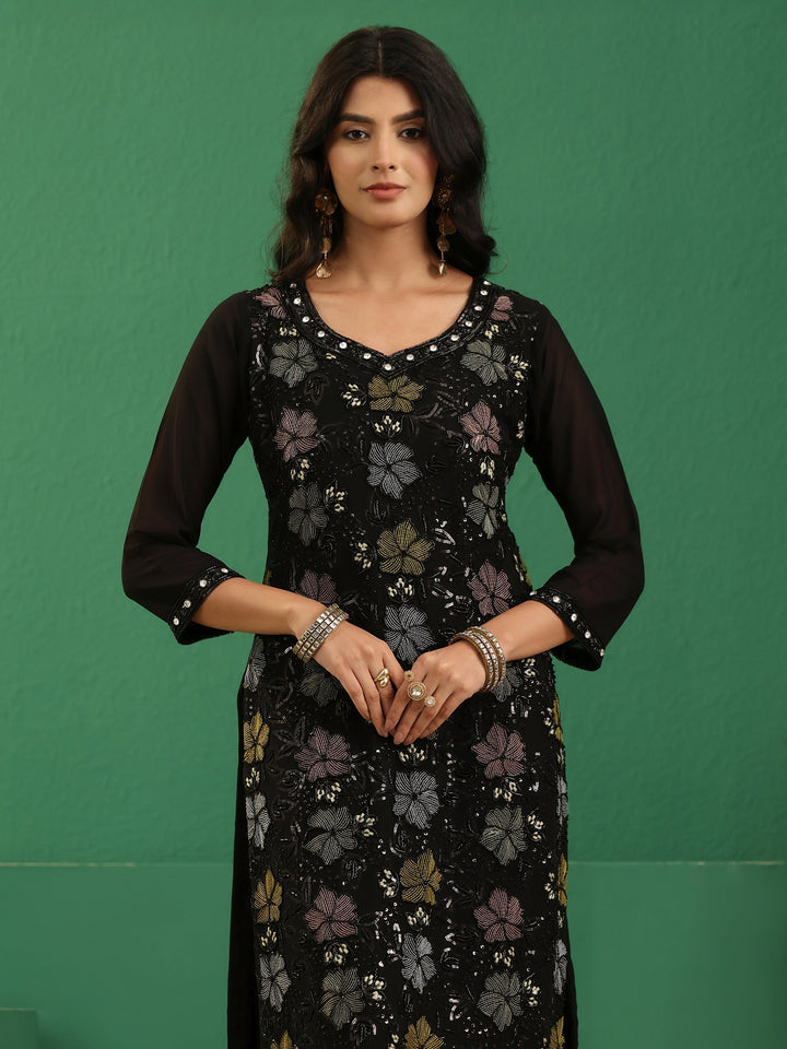 Libas Art Black Floral Embellished Georgette Straight Suit Set