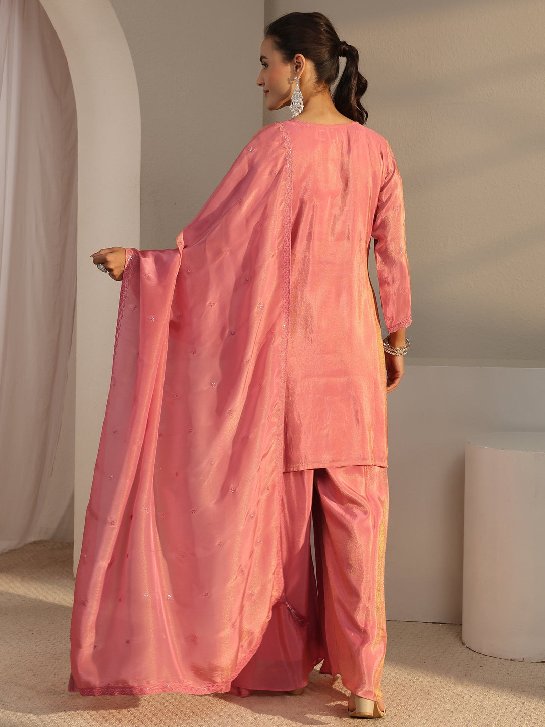 Libas Art Pink Floral Embroidered Tissue Palazzo Suit Set With Dupatta