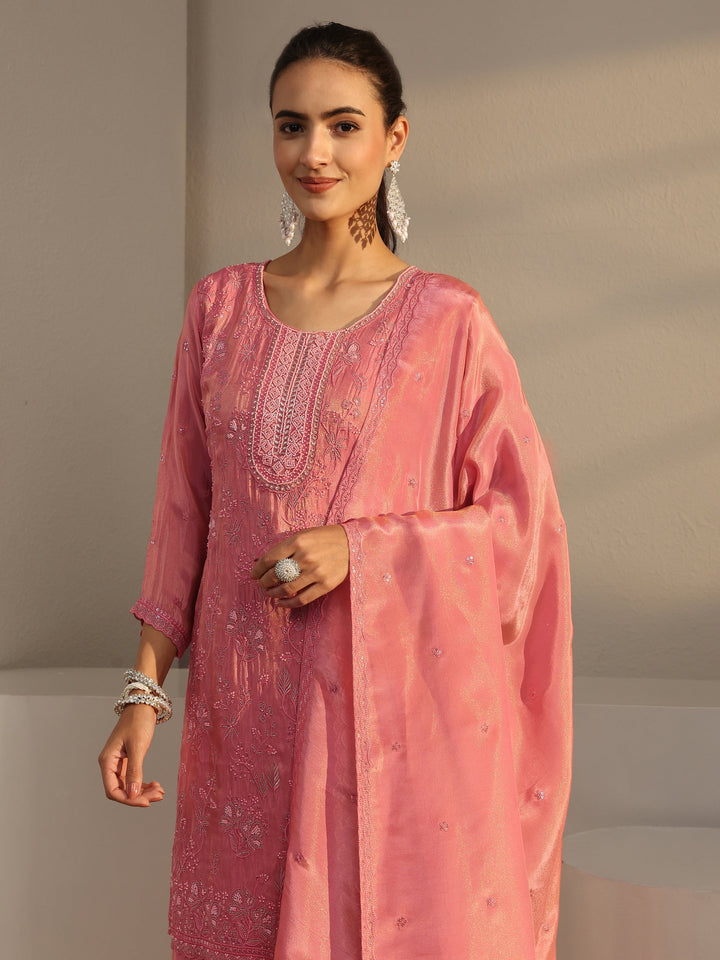 Libas Art Pink Floral Embroidered Tissue Palazzo Suit Set With Dupatta