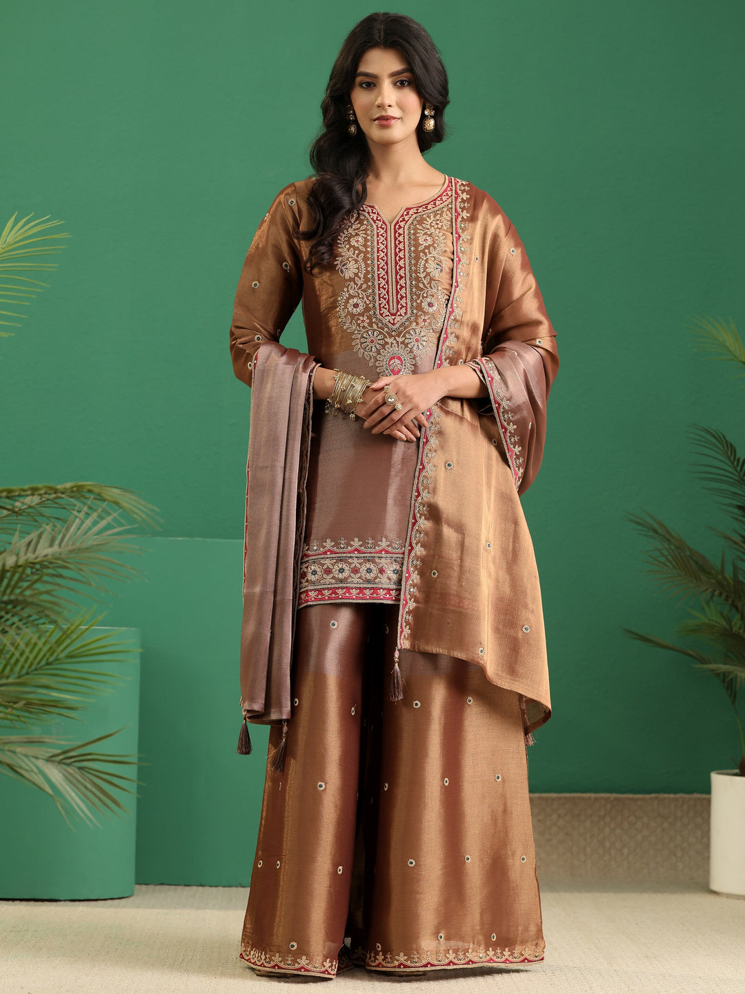 Libas Art Brown Floral Embellished Silk Blend Palazzo Suit Set