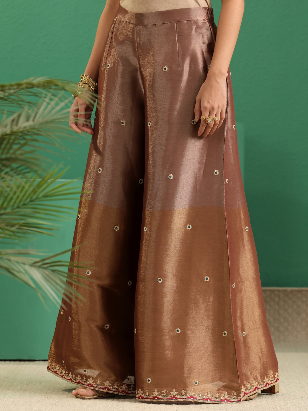 Libas Art Brown Floral Embellished Silk Blend Palazzo Suit Set