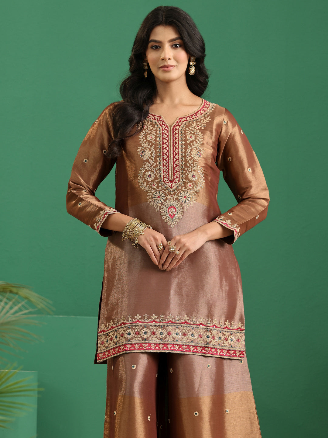 Libas Art Brown Floral Embellished Silk Blend Palazzo Suit Set
