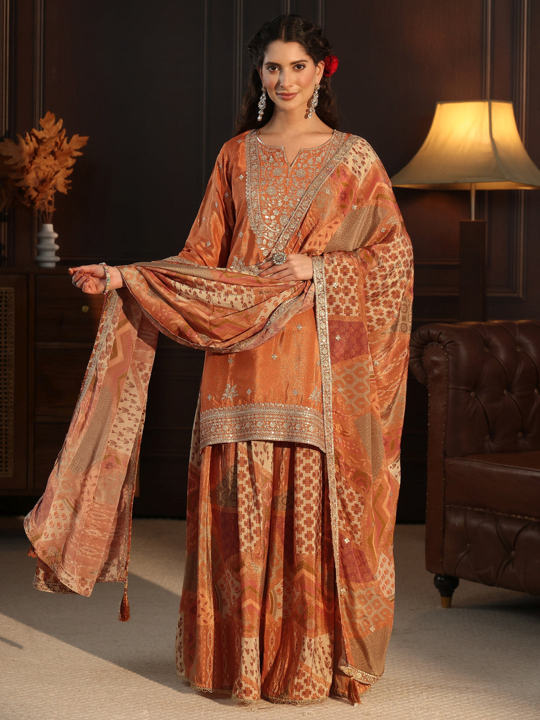Libas Art Orange Floral Embellished Tissue Palazzo Suit Set